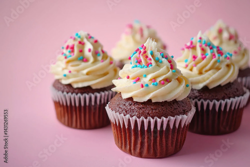 Chocolate cupcakes with creamy frosting and colorful sprinkles
