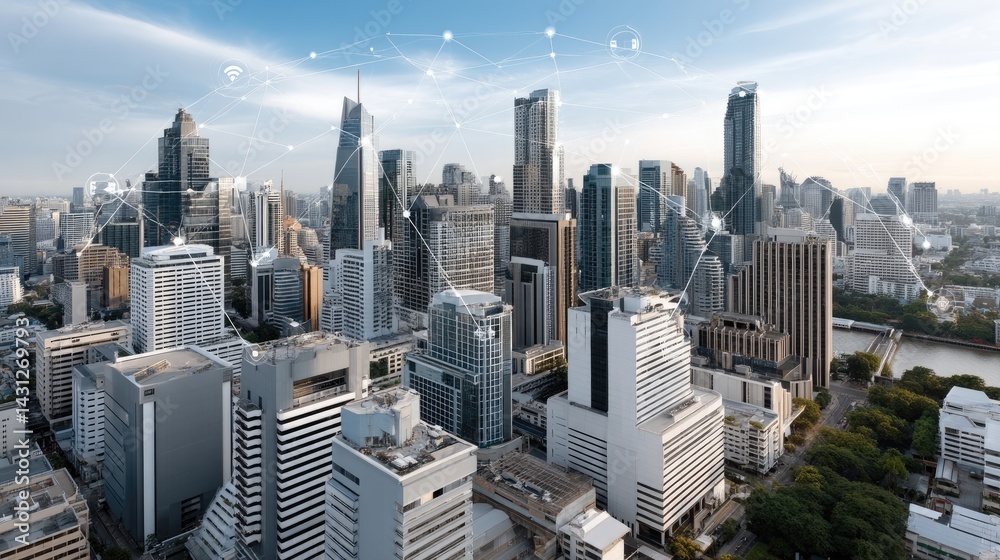 A vibrant depiction of Bangkok's skyline at night highlighting smart city elements and communication technology icons over a blue backdrop