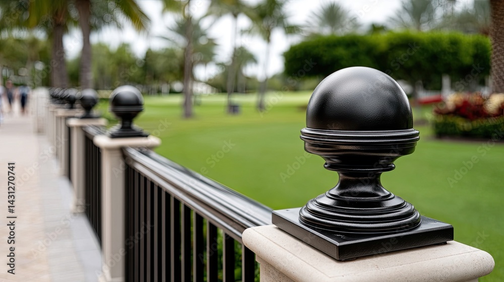 Black, modern fence with decorative elements enhances Florida suburb, while palm trees sway in a lush, green landscape