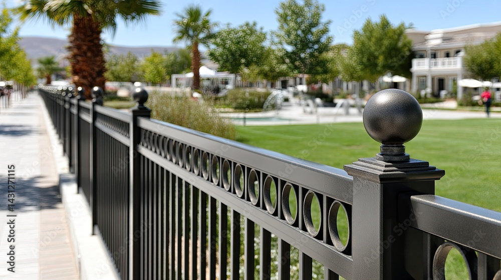 A close-up of a decorative black fence showcases its design, framed by palm trees and green grass for a serene vibe