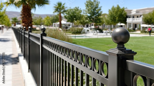 Obraz na płótnie A close-up of a decorative black fence showcases its design, framed by palm trees and green grass for a serene vibe w salonie