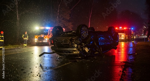 Car crash accident emergency services at night on wet road