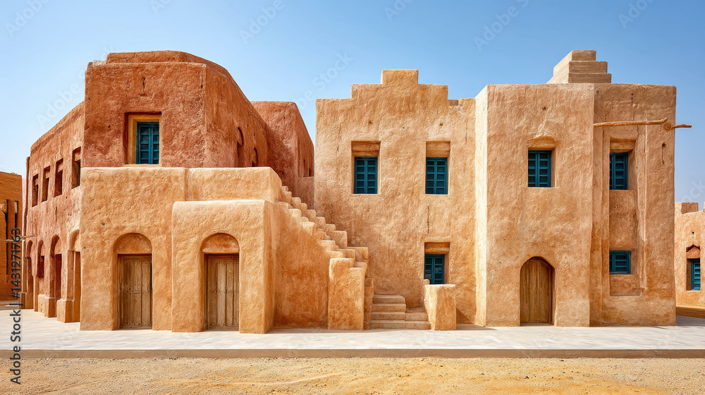 Traditional architecture with vibrant blue windows in a desert environment Traditional architecture with vibrant blue windows in a desert environment