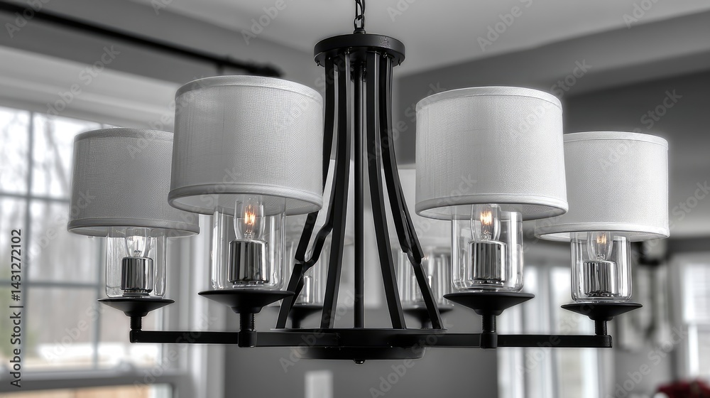 Sleek chandelier with six lights illuminates a gray room, enhancing the minimalist aesthetic and creating soft shadows