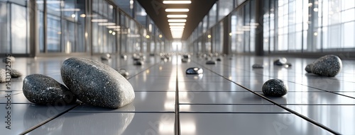 Obraz na płótnie Bright and airy modern interior showcases a gray tile floor with pebble stone border and large glass windows, creating a serene atmosphere w salonie