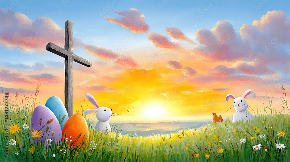 Easter morning sunrise with cross, bunnies, eggs, and springtime meadow