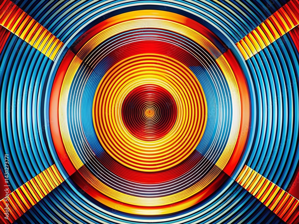 Fototapeta premium Retro Futuristic Geometric Double Exposure: Concentric Circles & Angular Stripes in Vibrant Primary Colors