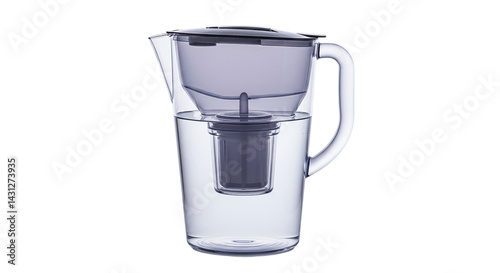 A clear water filter pitcher with a gray filter insert sitting on a white surface in a studio setting