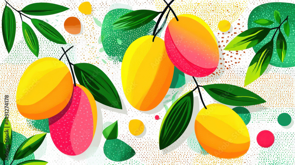 Colorful mangoes and green leaves in a cheerful artistic illustration