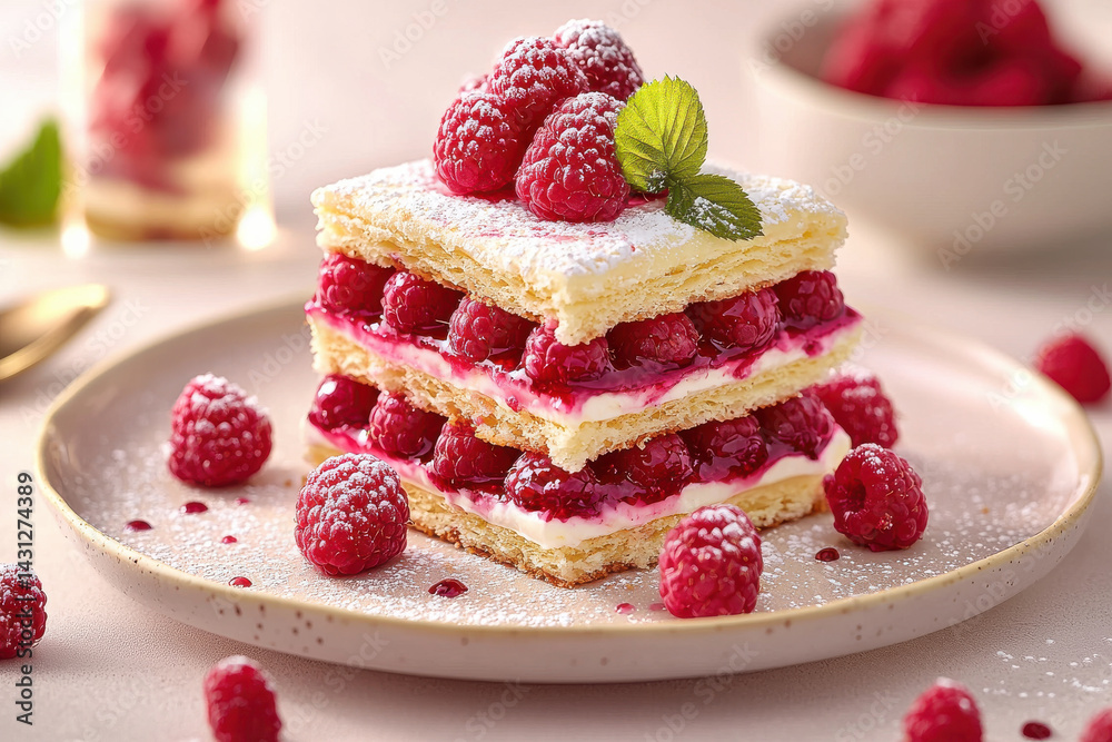 Layered raspberry dessert with cream and powdered sugar garnish Layered raspberry dessert with cream and powdered sugar garnish