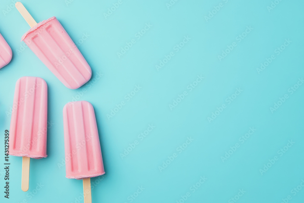Pink popsicles arranged on a vibrant pastel blue background