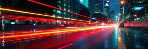 High-speed car, long yellow-red light trails, dynamic city background, upward motion , lines, backdrop photo