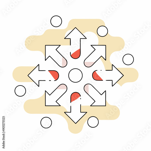 Dynamic arrows and circles in glossy flow represent movement and direction, conveying sense of energy and change, on white background, commercial use