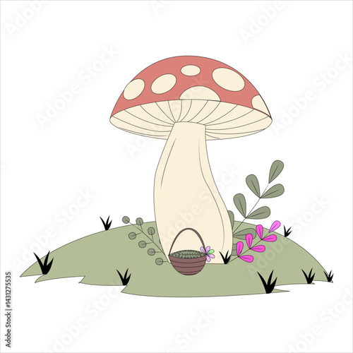 Brown autumn fungus and red amanita, a poisonous toadstool, sprout in the green grass of nature, an illustration of forest fungi