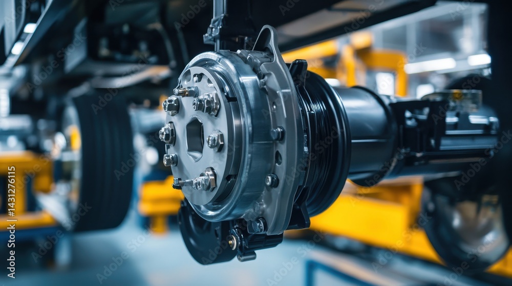 A stunning image of detailed close-up of a semi-truck axle, showcasing its intricate pneumatic system in a mechanical workshop. A stunning image of detailed close-up of a semi-truck axle, showcasing its intricate pneumatic system in a mechanical workshop.