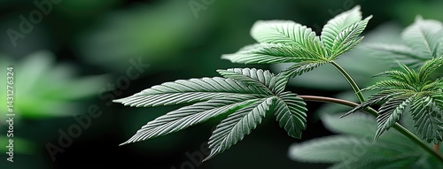 Vibrant green cannabis leaves grow in a garden, beautifully soft-focused against a dark background, providing ample design space