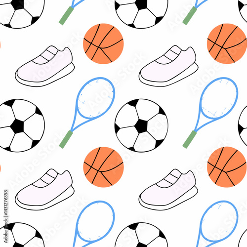 Seamless pattern featuring sports equipment like soccer balls, basketballs, tennis rackets, and athletic shoes, perfect, on white background, commercial use