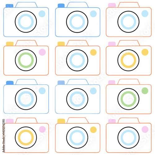 Colorful camera icons arranged in grid, showcasing various designs and colors, perfect for photography themes, on white background, commercial use
