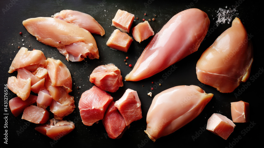 Top view of raw chicken fillets and cubes on dark background