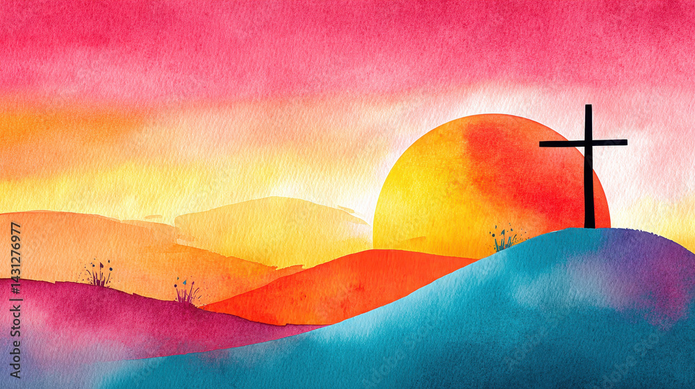 Watercolor sunset with a hilltop cross symbolizing faith and spirituality