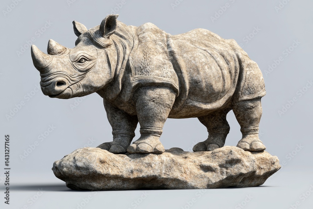 Fototapeta premium Detailed stone sculpture of a rhinoceros on a rocky outcrop.