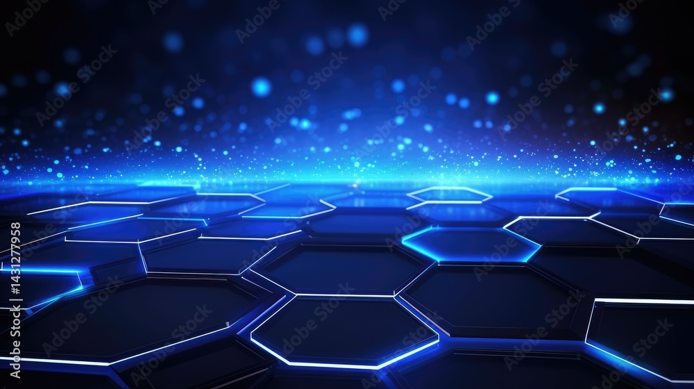 Fototapeta premium Abstract futuristic background with hexagons and glowing connections in blue color, concept of technology science or medical research vector illustration. 