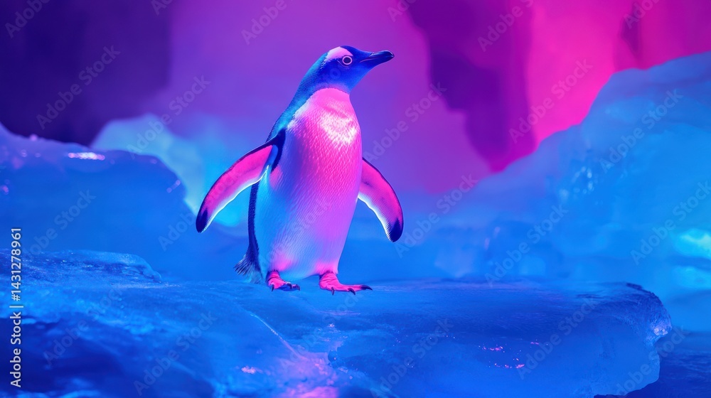 Naklejka premium Neon Penguin: Vibrant Icecape Portrait