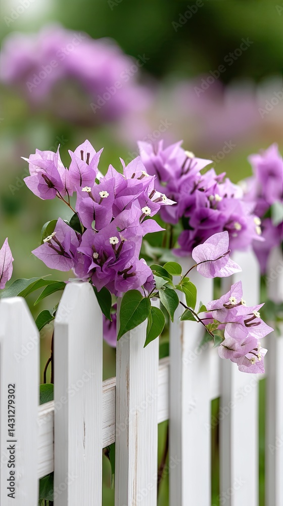 Bright bougainvillea blooms contrast beautifully with the white picket fence along a peaceful suburban sidewalk