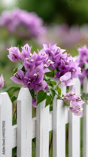 Obraz na płótnie Bright bougainvillea blooms contrast beautifully with the white picket fence along a peaceful suburban sidewalk w salonie
