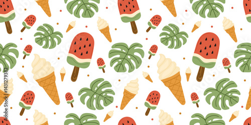 Watermelon ice cream pattern with tropical monstera leaves and colorful dots, seamless summer dessert background for kids fabric, wrapping paper, packaging and seasonal textile design.

