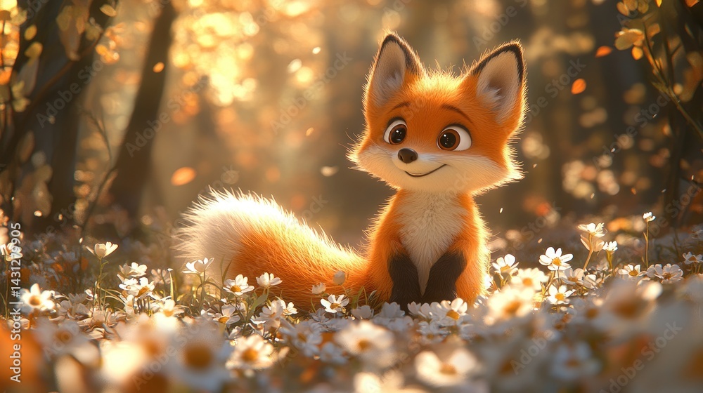 Naklejka premium Adorable cartoon fox sitting amidst white flowers in a sunlit forest.