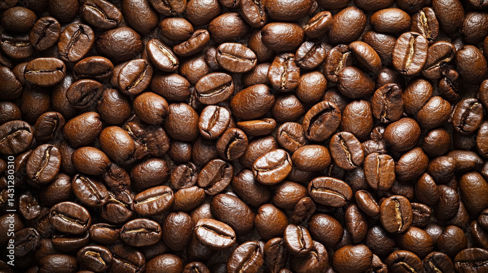 Naklejka premium Roasted coffee beans up close, photographed in Barcelona to highlight their rich texture