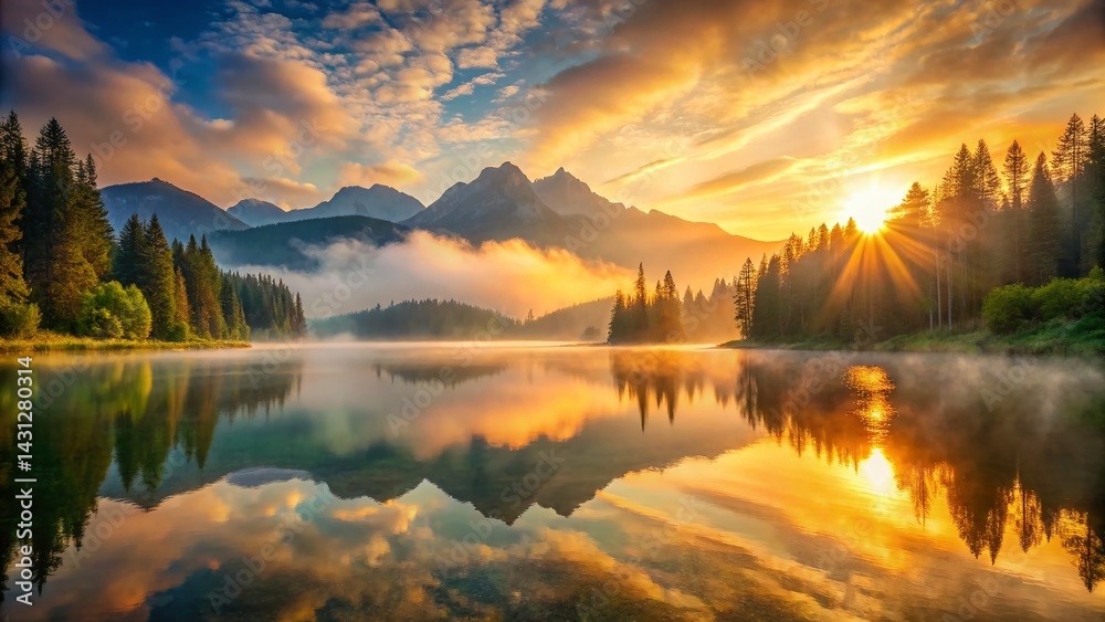 Fototapeta premium Serene Mountain Lake Dawn Panoramic - Peaceful Sunrise Landscape Photography