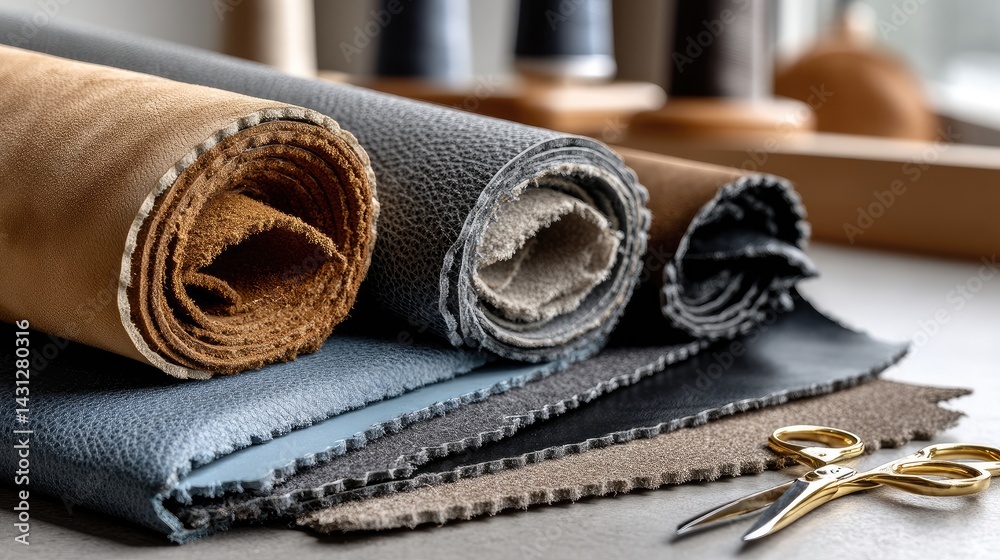 Rolled leather pieces rest on a work surface, showcasing craftsmanship and the tools of trade in a focused artisan workshop atmosphere