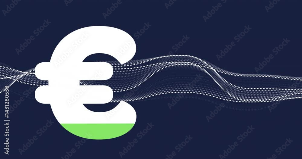 Stylized euro symbol being highlighted in scene, showing green lower half and white dotted waves