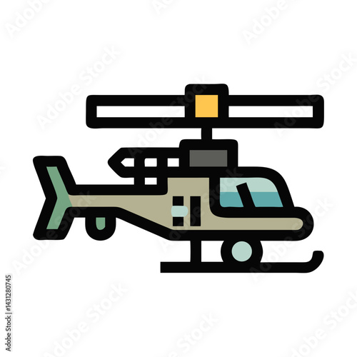 Military Helicopter Illustration: A Cartoonish Depiction of Airborne Transportation on Black Background