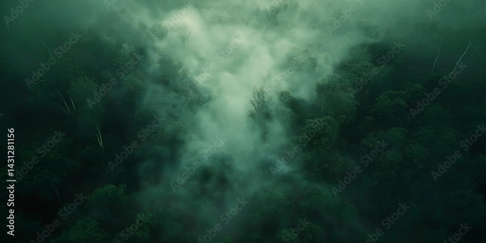 Fototapeta premium A dense tropical forest seen from above during a heavy downpour, fog weaving through the canopy 