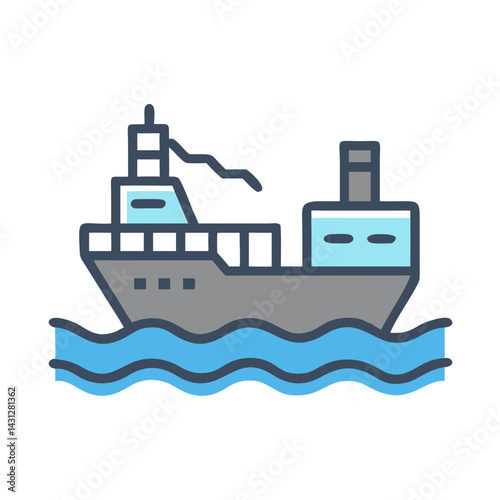 Cargo Ship Icon on Blue Waves, Modern Line Art Style