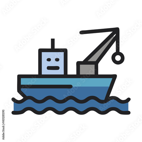 Blue Fishing Boat Icon with Crane on Waves, Isolated Vector Illustration