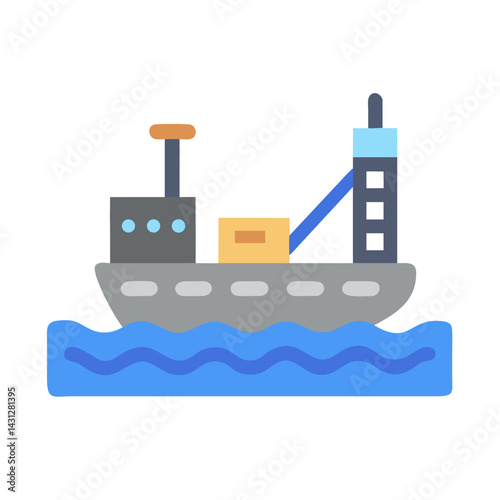 Flat Design Illustration of a Cargo Ship at Sea with Black Background