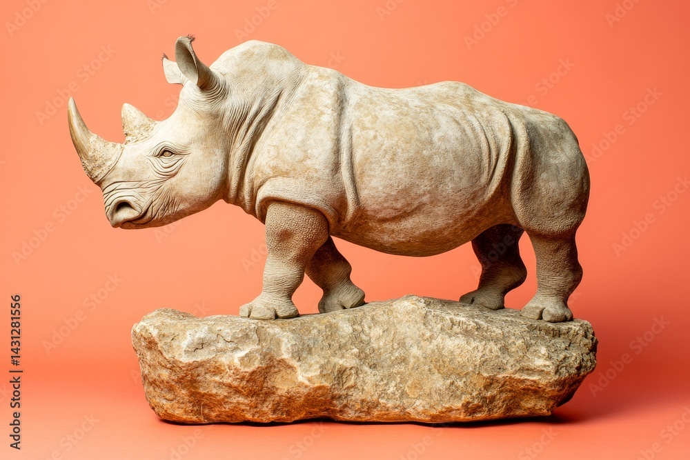 Fototapeta premium Detailed sculpted rhinoceros figurine atop a rock base.