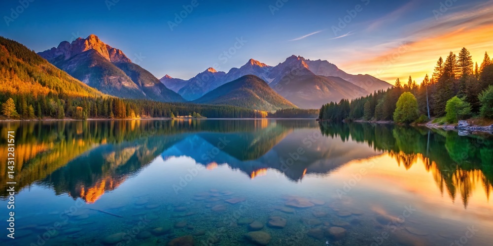 Obraz premium Serene Sunrise Mountain Lake Reflection: Tranquil Brown & Blue Hues