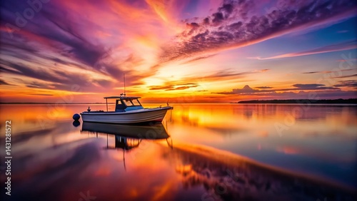 Serene Sunset: Boat on Calm Waters at Dusk - Stock Photo