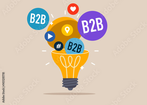 From open light bulb flying social media network ads and internet. SMM, Internet notification. B2B word in speech bubble. B2B marketing. Modern vector illustration in flat style