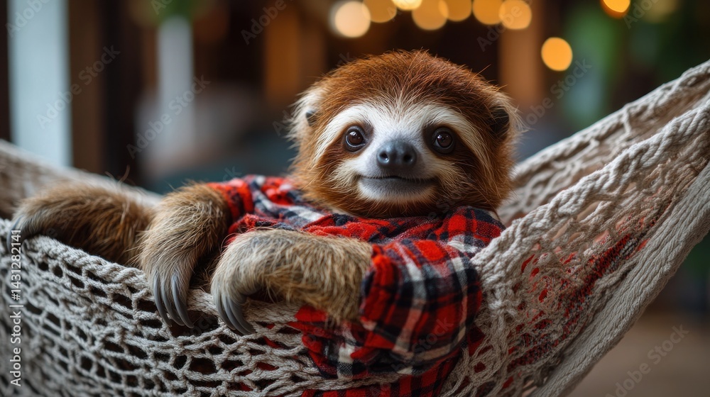 Fototapeta premium Relaxed sloth in a hammock wearing a plaid shirt.