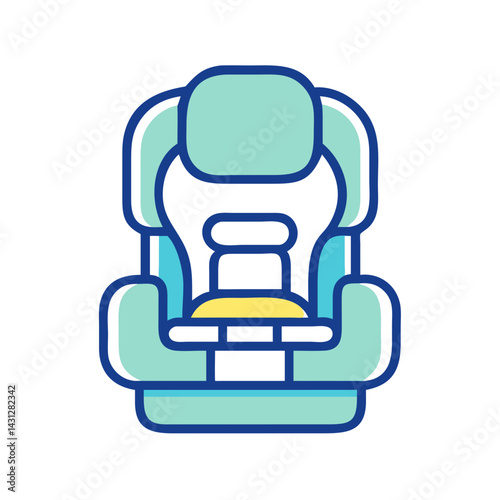 Illustration of a Teal Car Seat with Yellow Seatbelt on Black Background