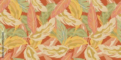Seamless pattern with decorative feathers in warm colors. Bright seamless vector pattern with feathers in the pastel palette. Ideal for textiles, packaging, wallpaper, postcards and backgrounds.