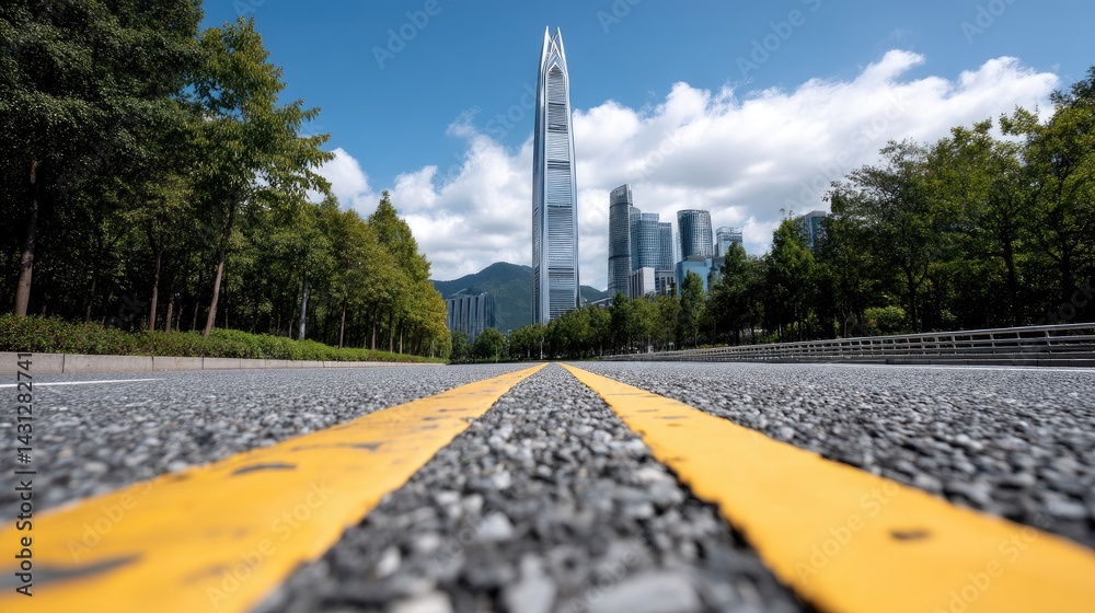 Wide asphalt road stretches towards a vibrant city skyline in Shenzhen, showcasing tall buildings against a clear sky with clouds