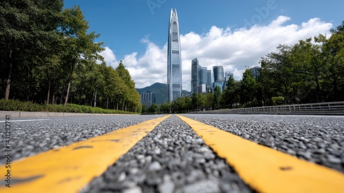 Obraz na płótnie Wide asphalt road stretches towards a vibrant city skyline in Shenzhen, showcasing tall buildings against a clear sky with clouds w salonie