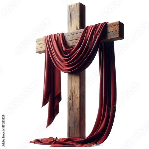 Wooden cross draped with red cloth